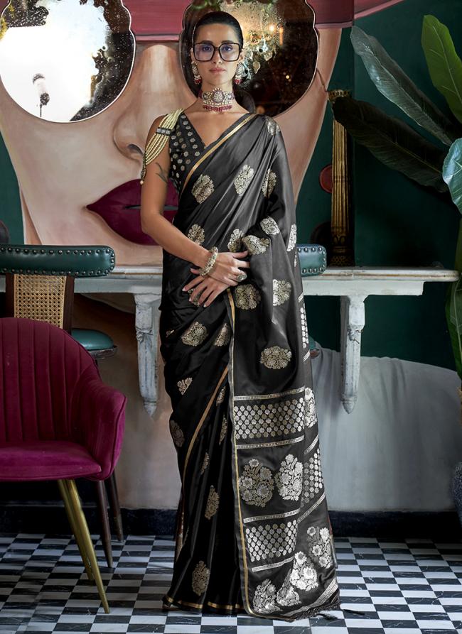 Pure Sattin Black Party Wear Weaving Saree